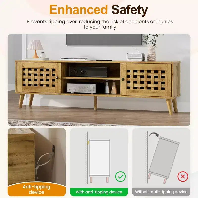 Mobile TV moderno con contenitore per TV fino a 65 pollici, console multimediale con 2 armadietti e 2 ripiani aperti, marrone