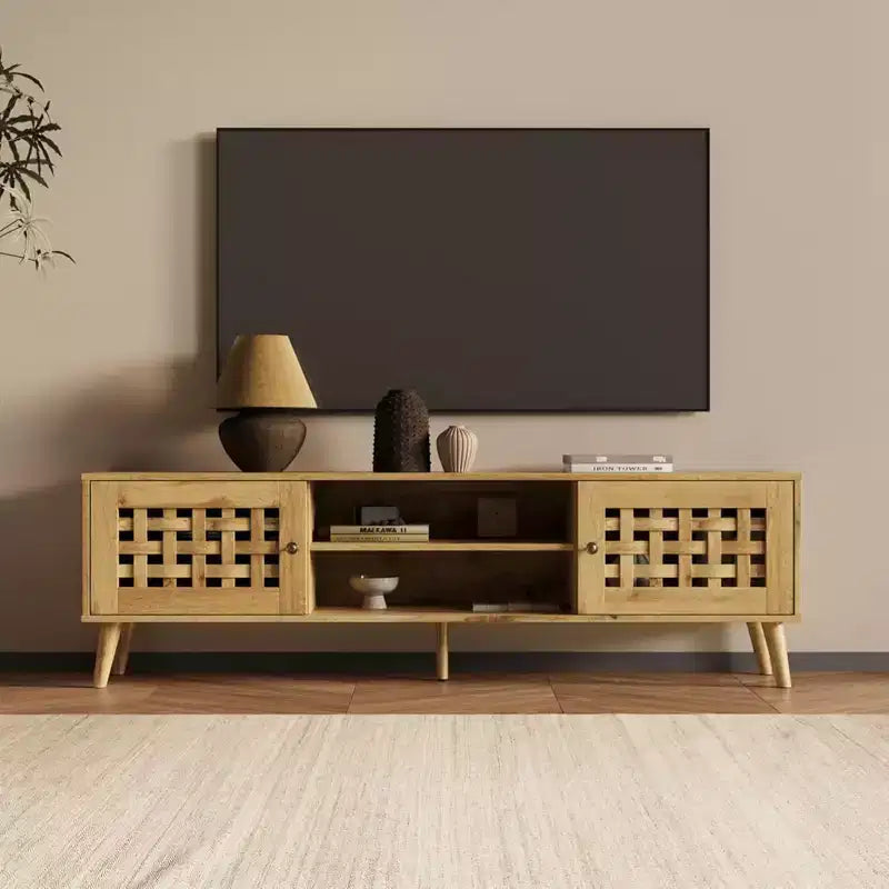 Mobile TV moderno con contenitore per TV fino a 65 pollici, console multimediale con 2 armadietti e 2 ripiani aperti, marrone