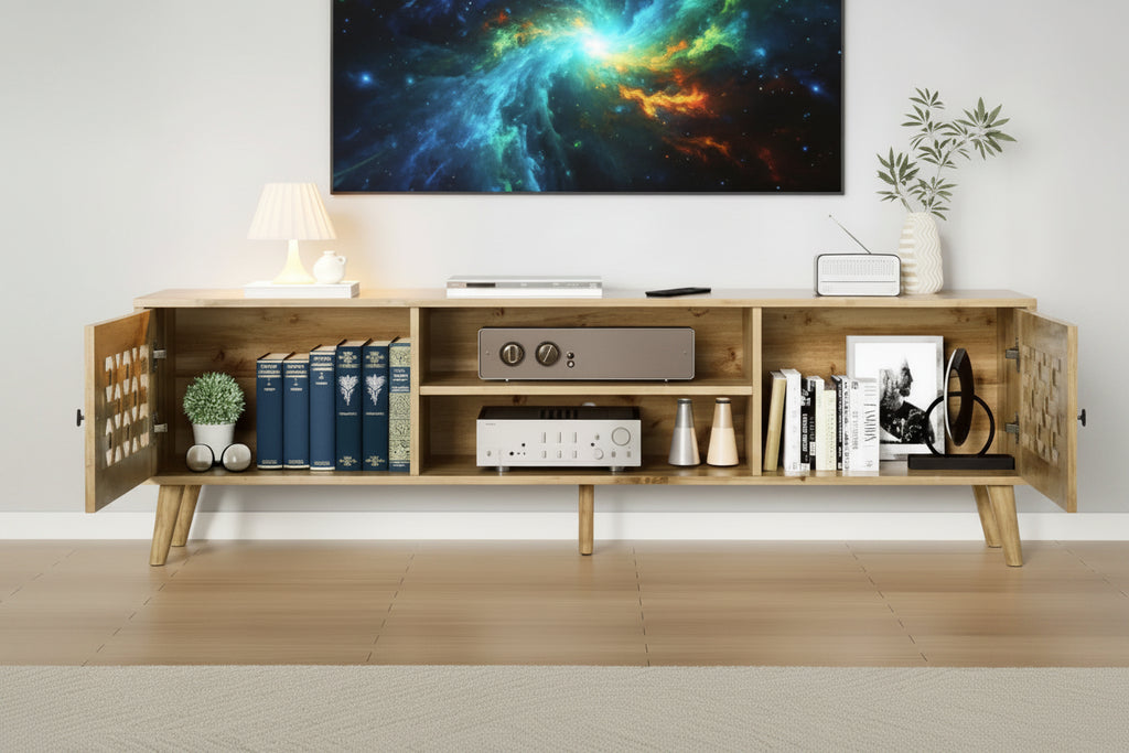 Mobile TV moderno con contenitore per TV fino a 65 pollici, console multimediale con 2 armadietti e 2 ripiani aperti, marrone