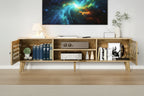 Mobile TV moderno con contenitore per TV fino a 65 pollici, console multimediale con 2 armadietti e 2 ripiani aperti, marrone