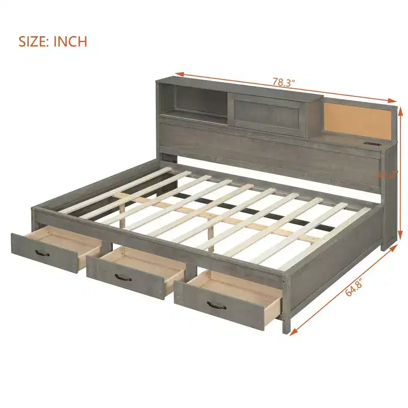 Divano Letto Singolo in Legno con 3 Cassetti, Mensola, Porte USB e Prese Elettriche