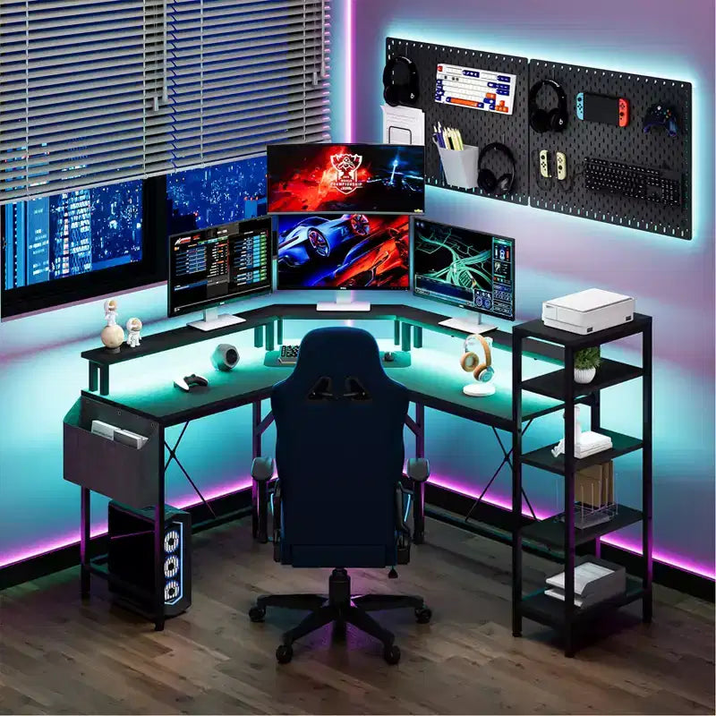 Scrivania angolare a L con supporto per monitor, luci LED e tasche laterali