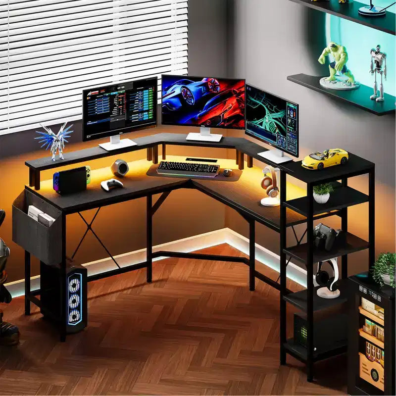 Scrivania angolare a L con supporto per monitor, luci LED e tasche laterali