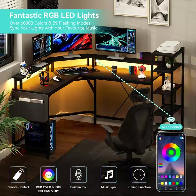 Scrivania angolare a L con supporto per monitor, luci LED e tasche laterali