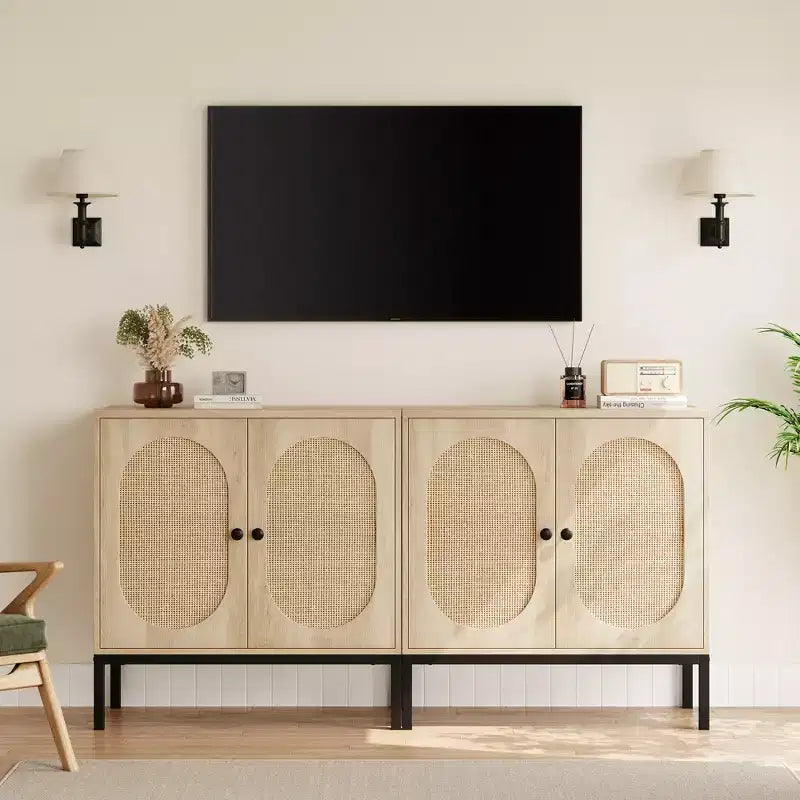 Mobile buffet in rattan a 2 livelli con ripiani regolabili