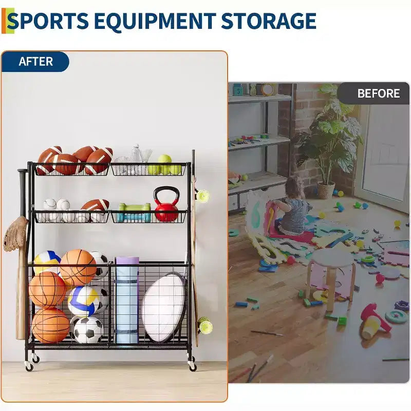 Organizzatore per attrezzature sportive su ruote con cesti e ganci