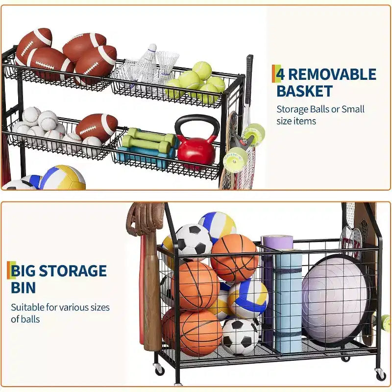 Organizzatore per attrezzature sportive su ruote con cesti e ganci