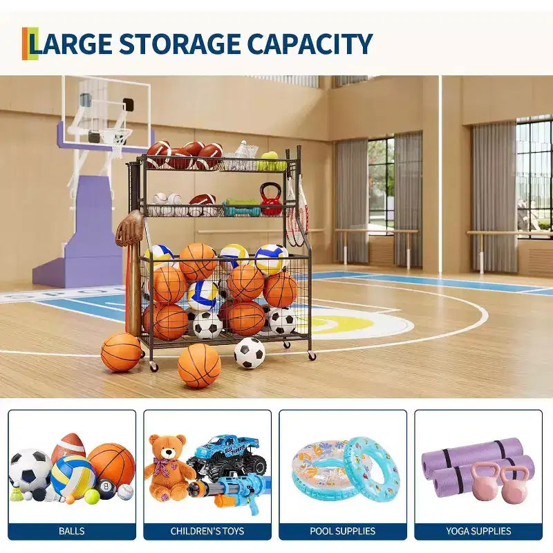 Organizzatore per attrezzature sportive su ruote con cesti e ganci