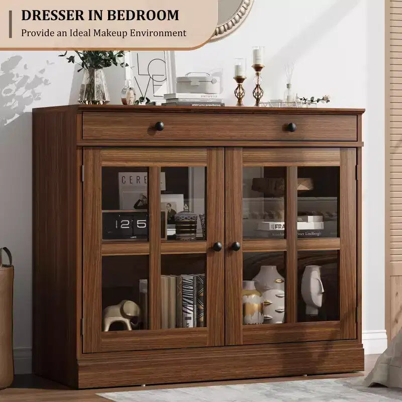 Credenza da 35 pollici con ante in vetro, cassetto e ripiano regolabile