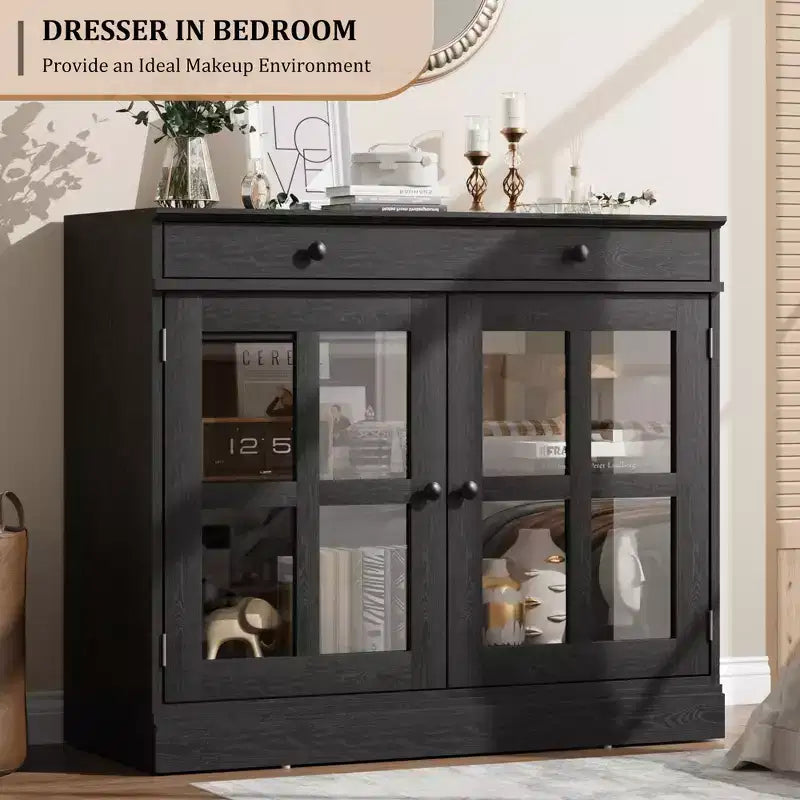 Credenza da 35 pollici con ante in vetro, cassetto e ripiano regolabile