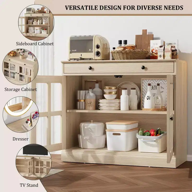 Credenza da 35 pollici con ante in vetro, cassetto e ripiano regolabile