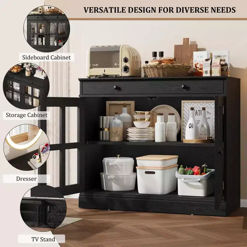 Credenza da 35 pollici con ante in vetro, cassetto e ripiano regolabile