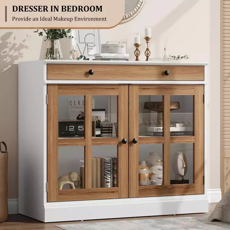 Credenza da 35 pollici con ante in vetro, cassetto e ripiano regolabile