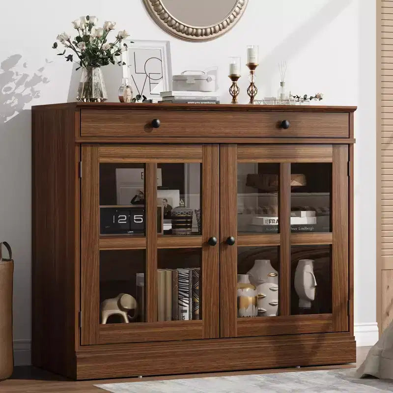 Credenza da 35 pollici con ante in vetro, cassetto e ripiano regolabile