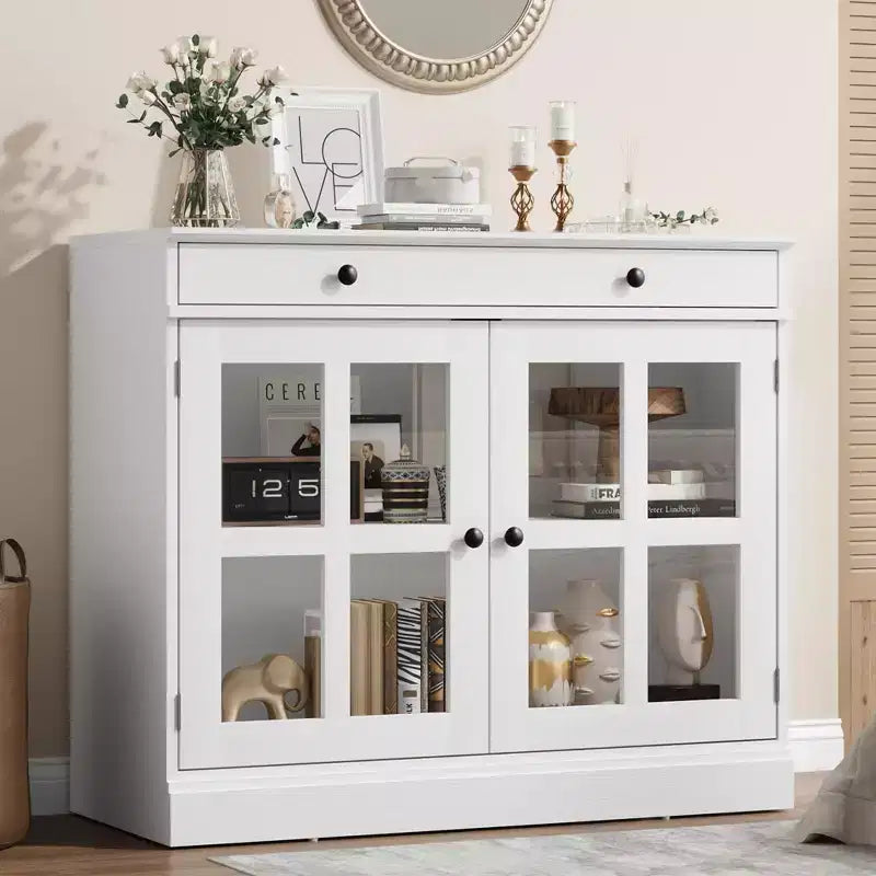 Credenza da 35 pollici con ante in vetro, cassetto e ripiano regolabile