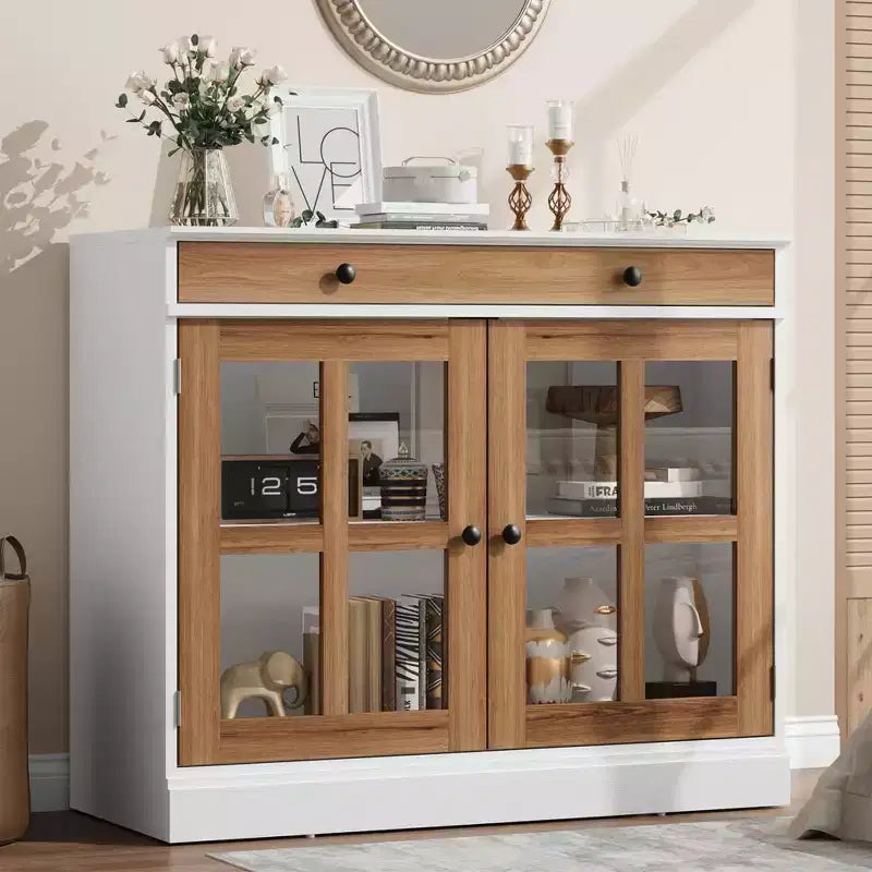 Credenza da 35 pollici con ante in vetro, cassetto e ripiano regolabile
