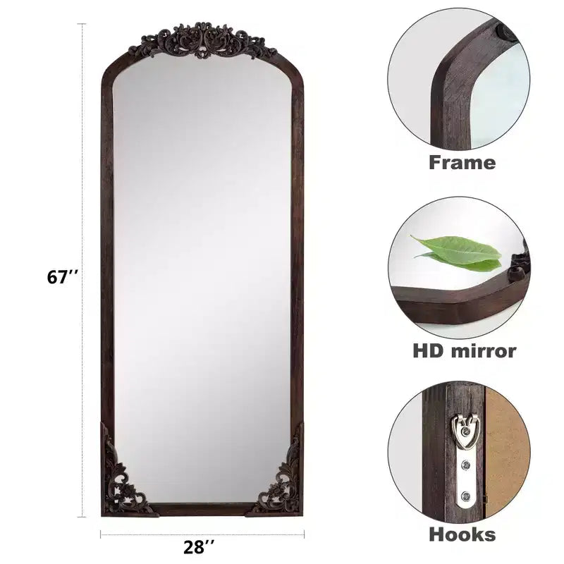 Specchio a figura intera incorniciato in legno massello ad arco da 28 pollici L x 67 pollici A color Carbone