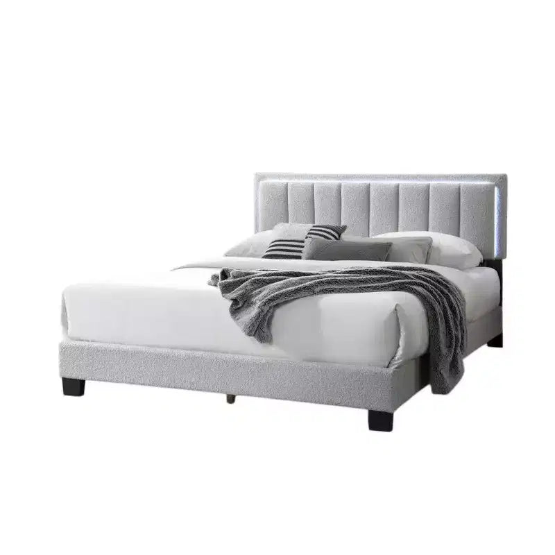 Letto a piattaforma Queen Size con testiera a LED e rivestimento in tessuto grigio chiaro