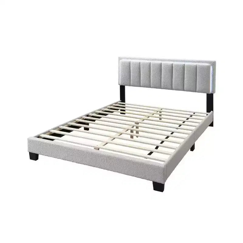 Letto a piattaforma Queen Size con testiera a LED e rivestimento in tessuto grigio chiaro