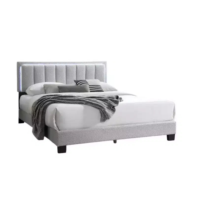 Letto a piattaforma Queen Size con testiera a LED e rivestimento in tessuto grigio chiaro
