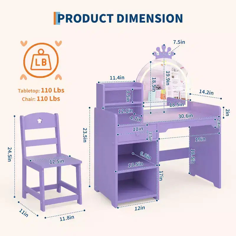 Set da toeletta per bambini con specchio illuminato e contenitore