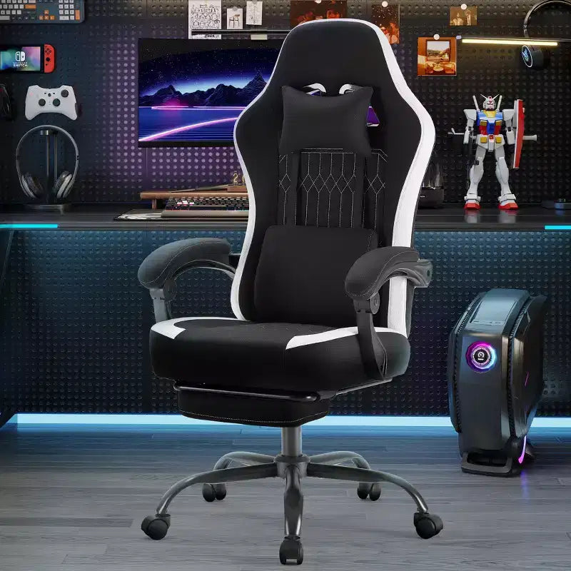 Sedia da gaming con supporto lombare, altezza regolabile, braccioli, poggiatesta e ruote girevoli a 360°