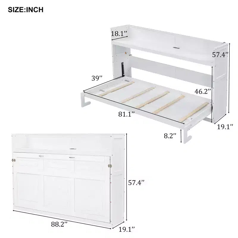 Letto a scomparsa Twin XL con scrivania, mensole, luce LED e stazione di ricarica USB