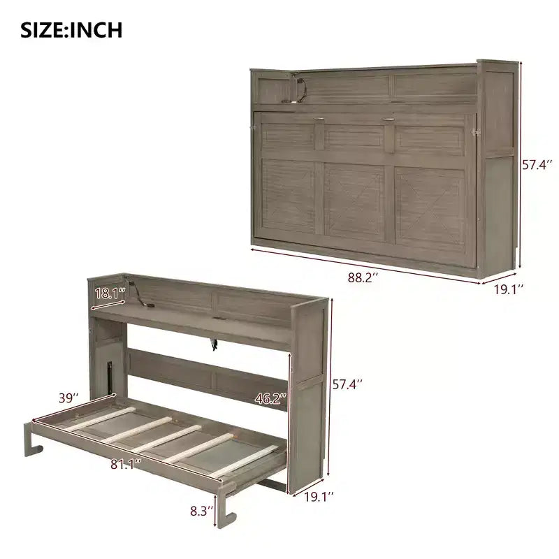 Letto a scomparsa Twin XL con scrivania, mensole, luce LED e stazione di ricarica USB