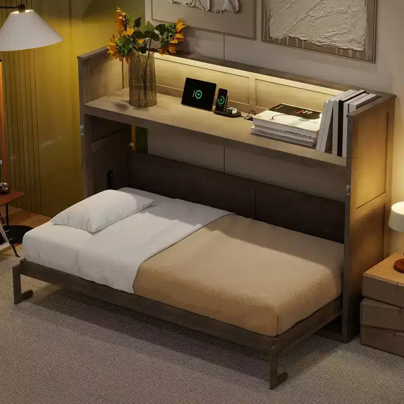 Letto a scomparsa Twin XL con scrivania, mensole, luce LED e stazione di ricarica USB
