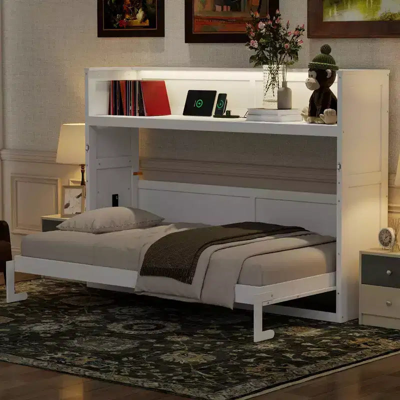 Letto a scomparsa Twin XL con scrivania, mensole, luce LED e stazione di ricarica USB