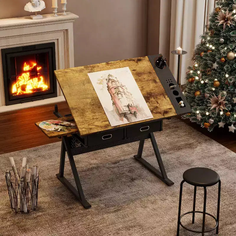 Tavolo da disegno regolabile con 2 cassetti e sgabello
