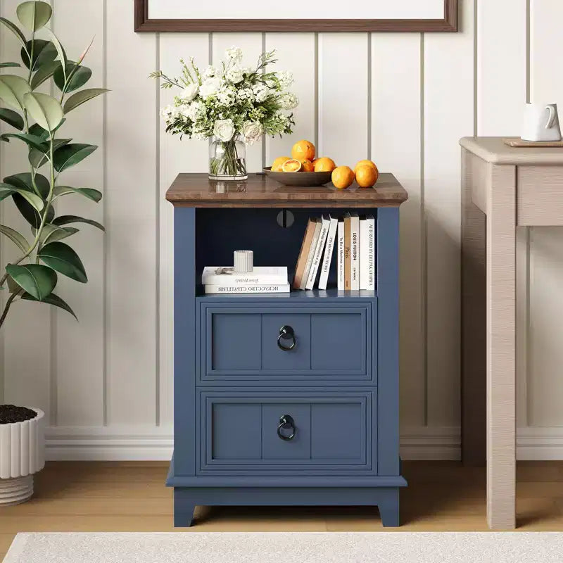 Comodino da Fattoria con 2 Cassetti, Tavolino da Notte in Legno, Tavolino Compatto per Camera da Letto e Soggiorno, Blu