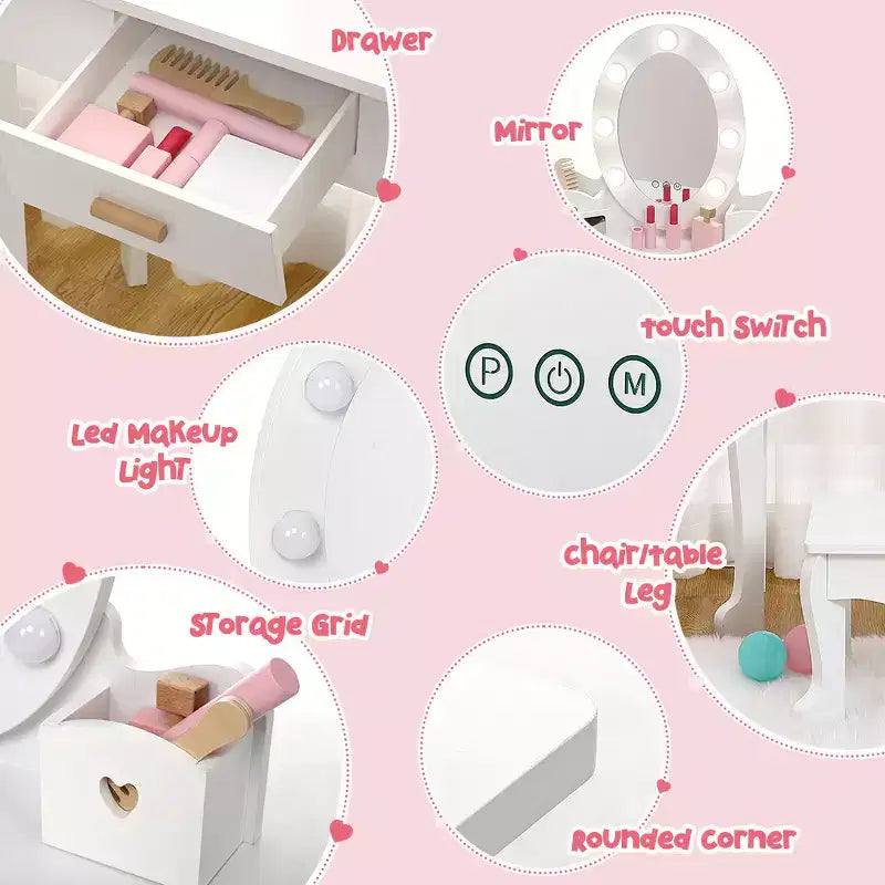 Set Tavolo da Trucco e Sedia per Bambini con Specchio
