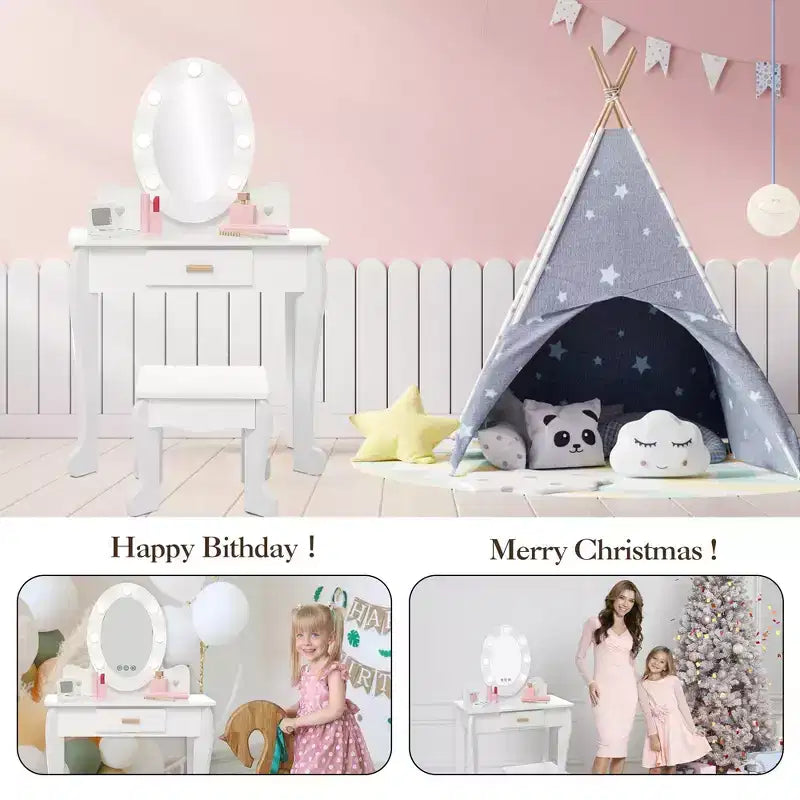 Set Tavolo da Trucco e Sedia per Bambini con Specchio