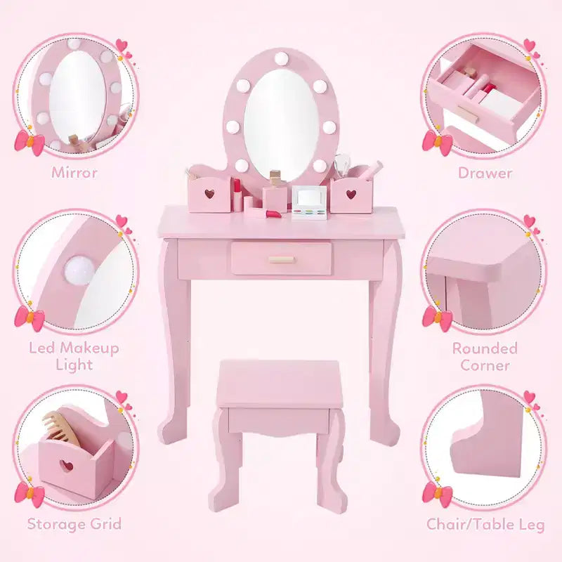 Set Tavolo da Trucco e Sedia per Bambini con Specchio