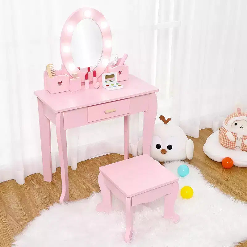 Kids Vanity Set, Pretend Play Girls Vanity Table and Chair Set with Mirror, Kids Dressing table with Wood Makeup Playset, for Bedroom, Playroom