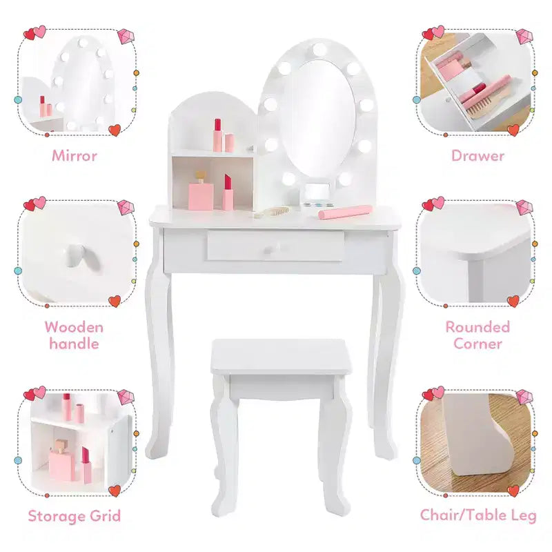 Set da toeletta per bambini con specchio e sgabello