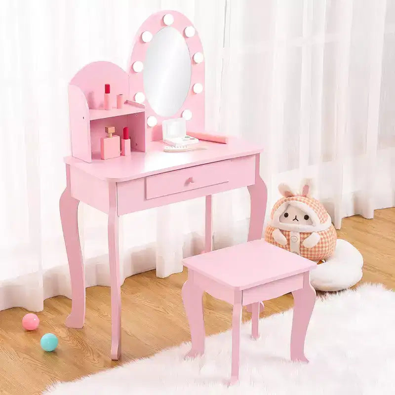 Kids Vanity Set with Mirror and Stool, Wooden Makeup Table for Girls Ages 4-9, Kids' Vanities Dress-Up Playset for Bedroom and Playroom