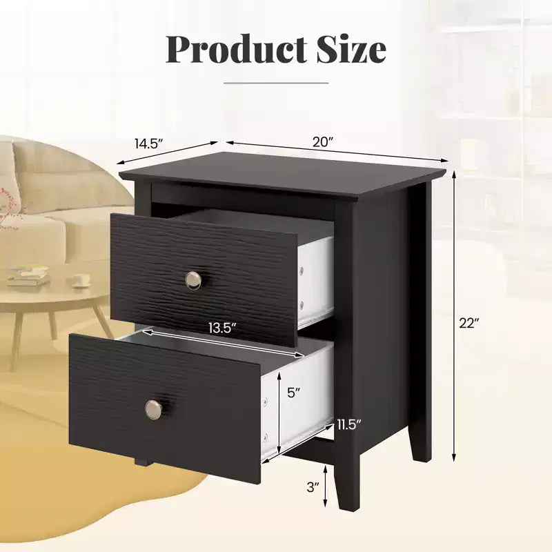 Comodino Moderno con 2 Cassetti e Piedini di Supporto - Nero