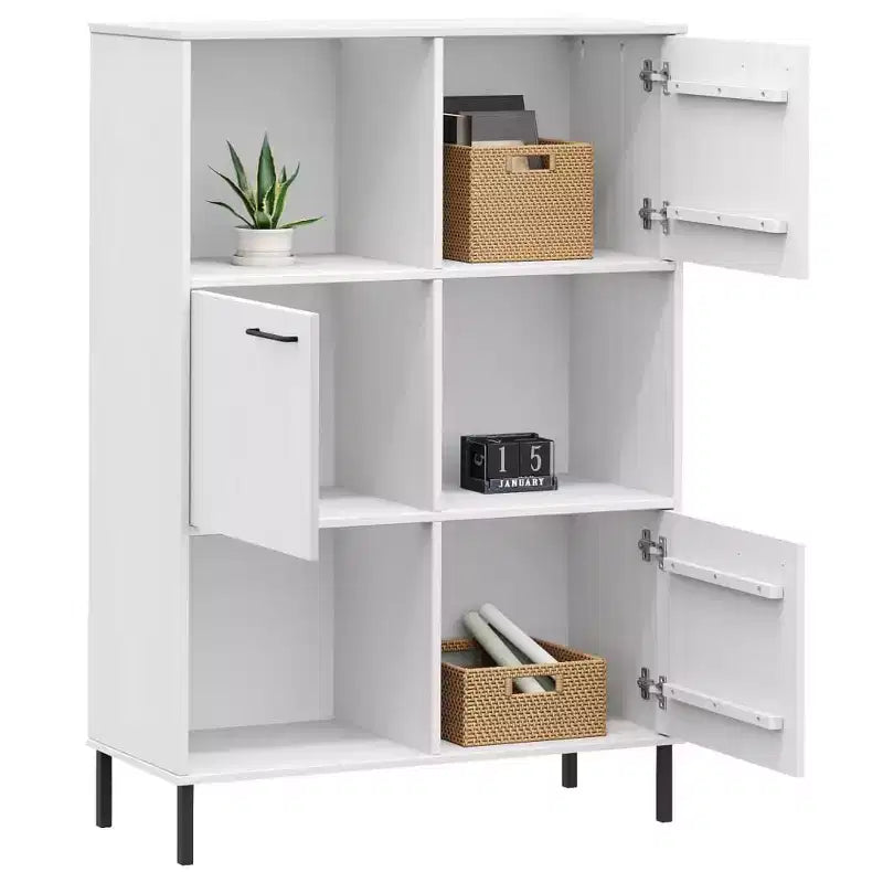 Libreria con Gambe in Metallo e Mobile Contenitore – in Legno Massello di Pino, 6 Scomparti
