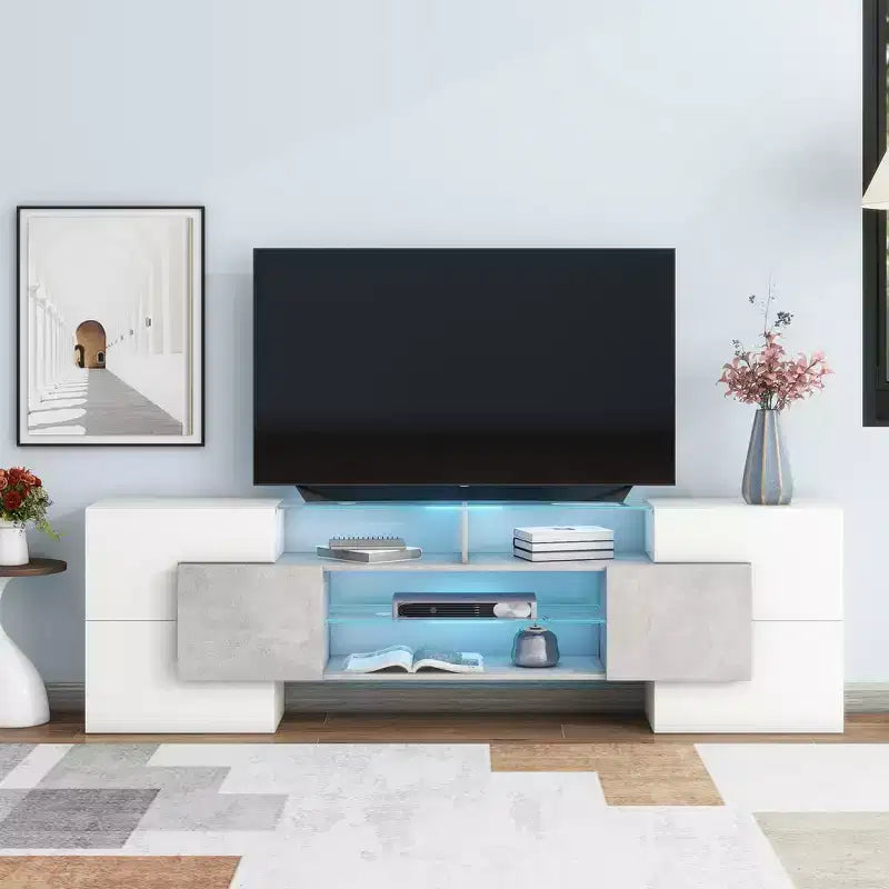 Mobile TV con illuminazione a LED e ripiani in vetro, adatto a TV fino a 88", grigio