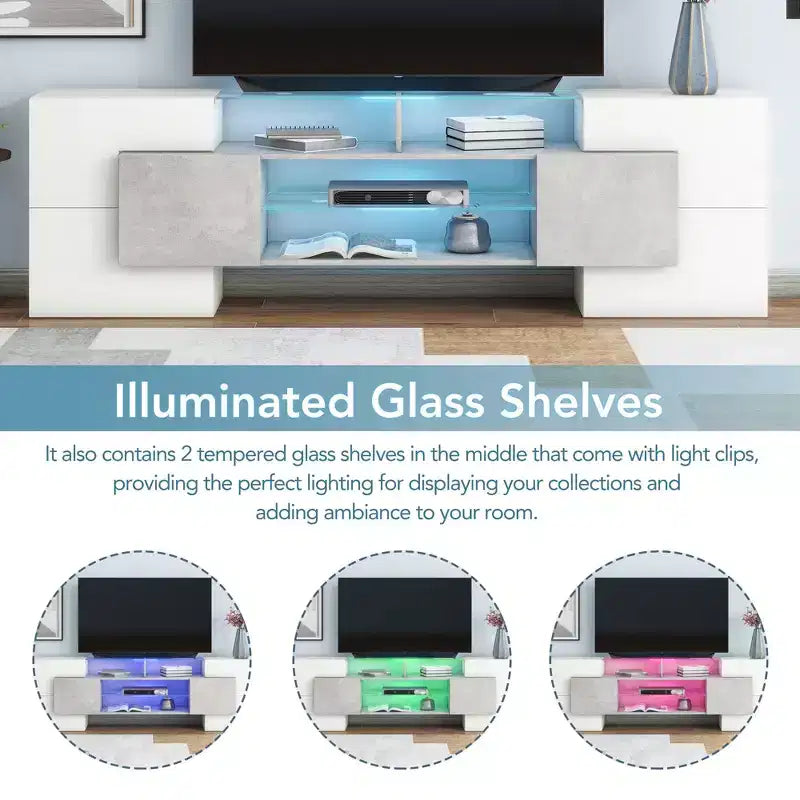 Mobile TV con illuminazione a LED e ripiani in vetro, adatto a TV fino a 88", grigio