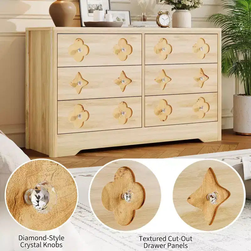 Comò a 6 cassetti con frontale in rattan, cassettiera da camera larga 120 cm