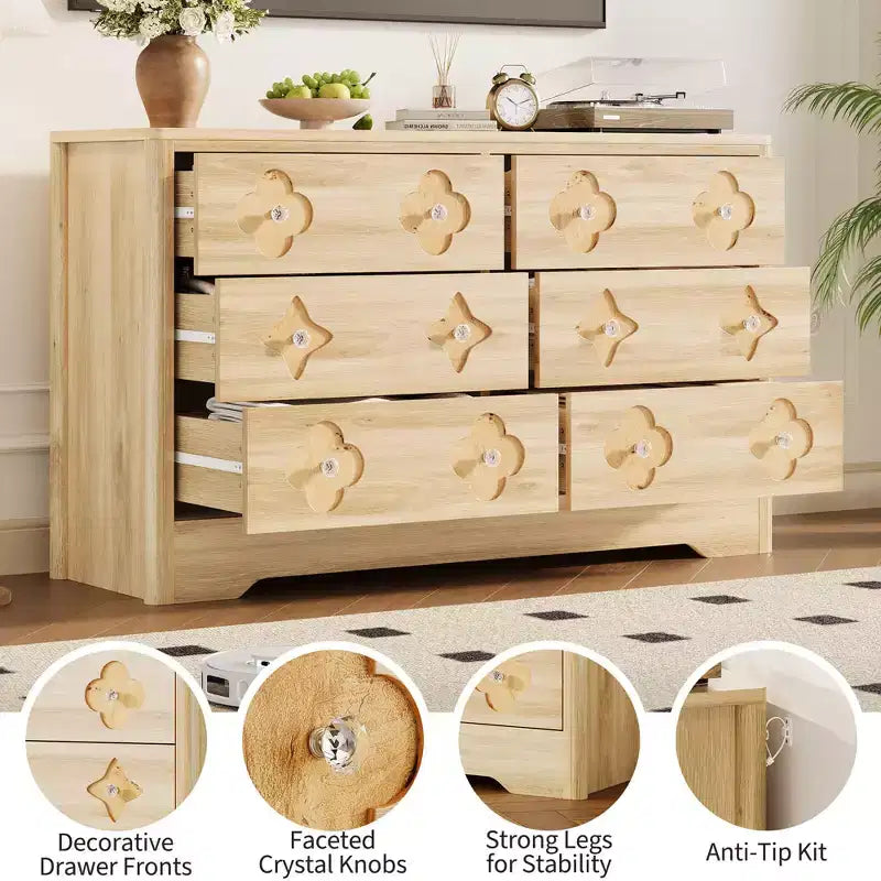 Comò a 6 cassetti con frontale in rattan, cassettiera da camera larga 120 cm