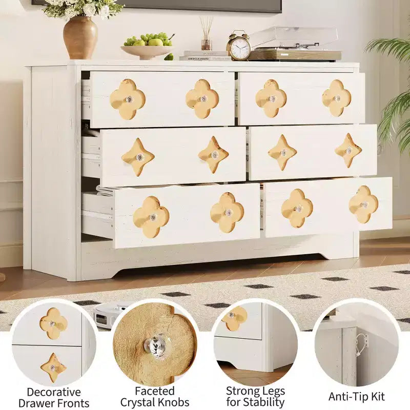Comò a 6 cassetti con frontale in rattan, cassettiera da camera larga 120 cm