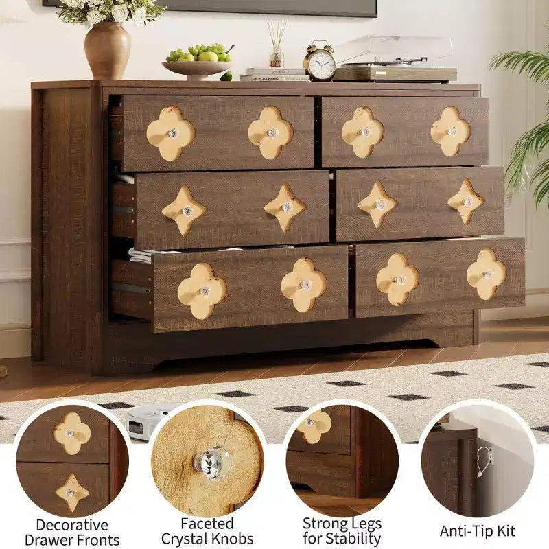 Comò a 6 cassetti con frontale in rattan, cassettiera da camera larga 120 cm