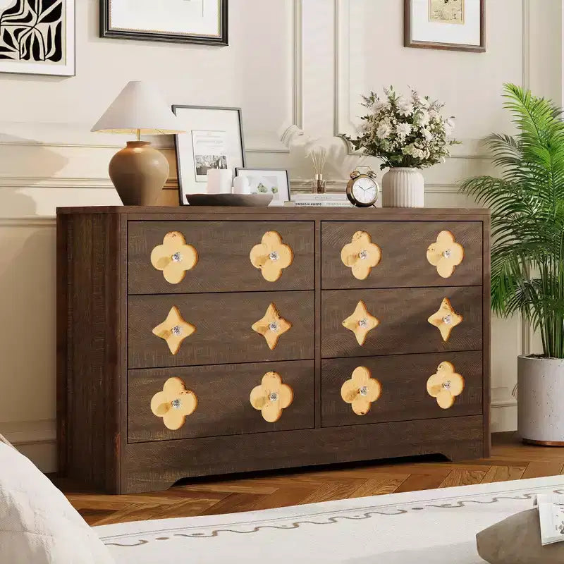 Rattan Dresser for Bedroom with 6 Drawers, 47'' Wide Chest of Large Drawers with Large Clothes Storage, 6 Drawer Dresser, Brwon