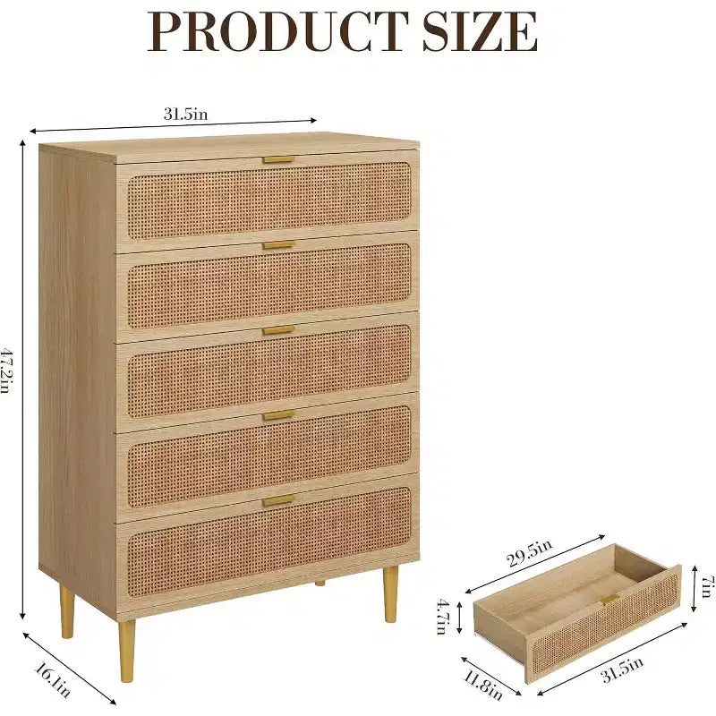 Comò/Cassettiera in Rattan Verticale a 5 Cassetti, Tonalità Legno, per Camera da Letto