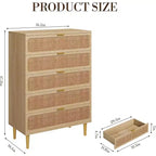 Comò/Cassettiera in Rattan Verticale a 5 Cassetti, Tonalità Legno, per Camera da Letto