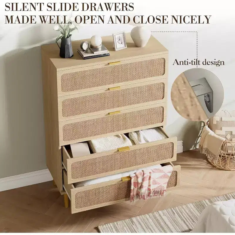 Comò/Cassettiera in Rattan Verticale a 5 Cassetti, Tonalità Legno, per Camera da Letto